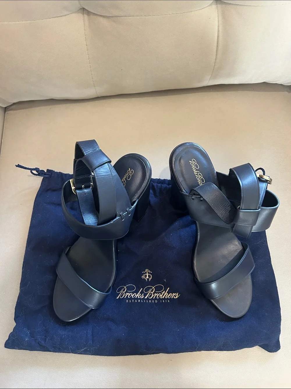 Brooks Brothers Black Leather Block Heel Sandals with Ankle Strap w dust bag
